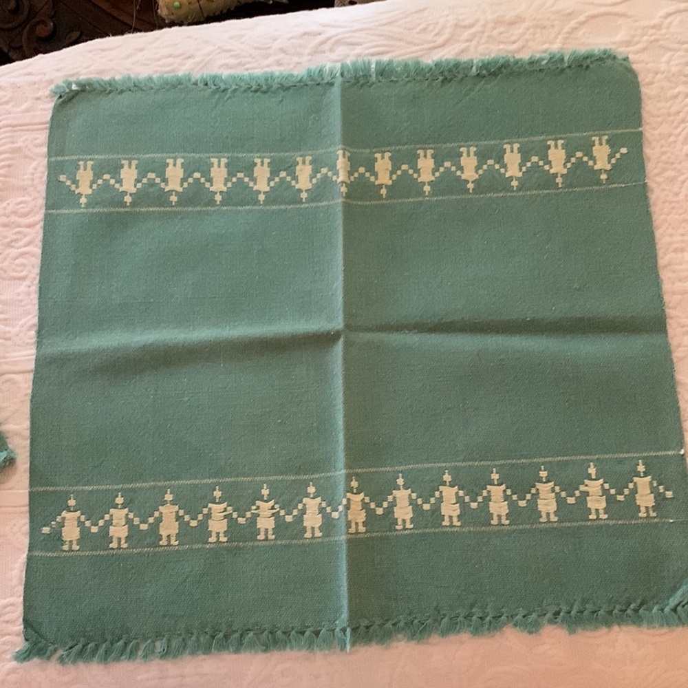 VINTAGE LUNCHEON NAPKINS SET OF (4) TEAL/WHITE:SELF KNOTTED FRINGE 12”x13”COTTON - Picture 4 of 5